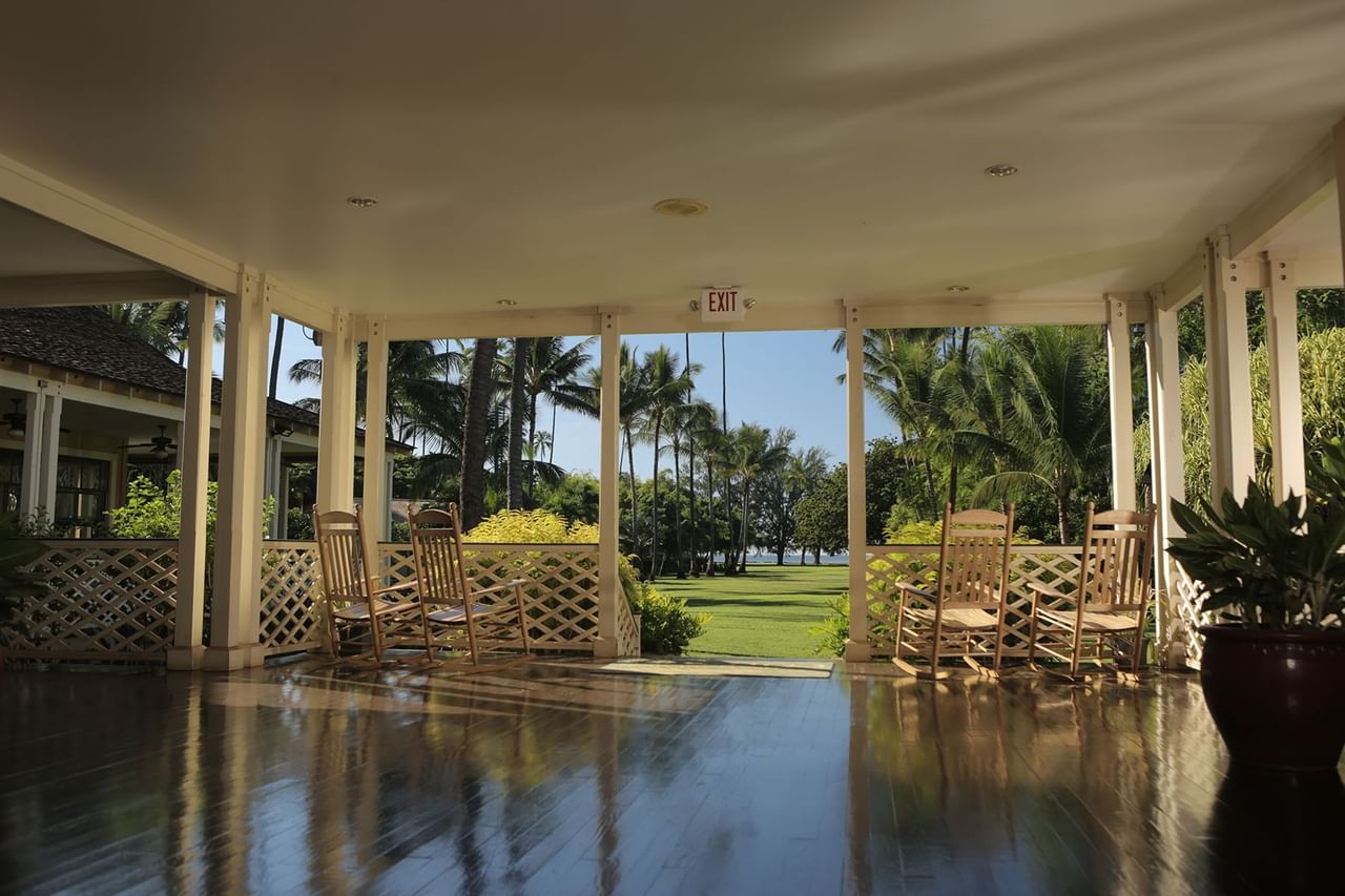 Waimea Plantation Cottages covered patio overlooking the grounds