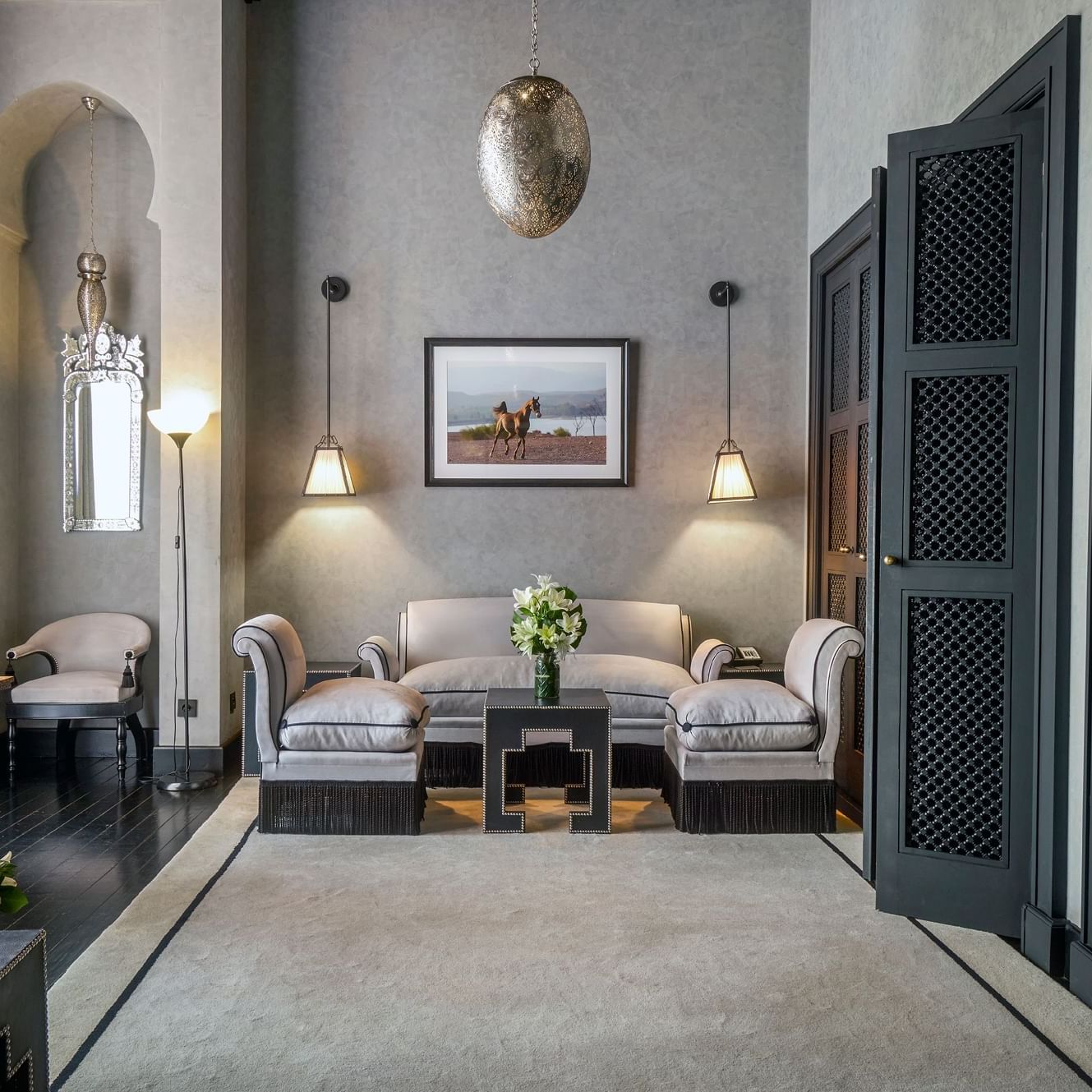 Lavish Interior & decor of the lounge area & the hallway at Selman Marrakech
