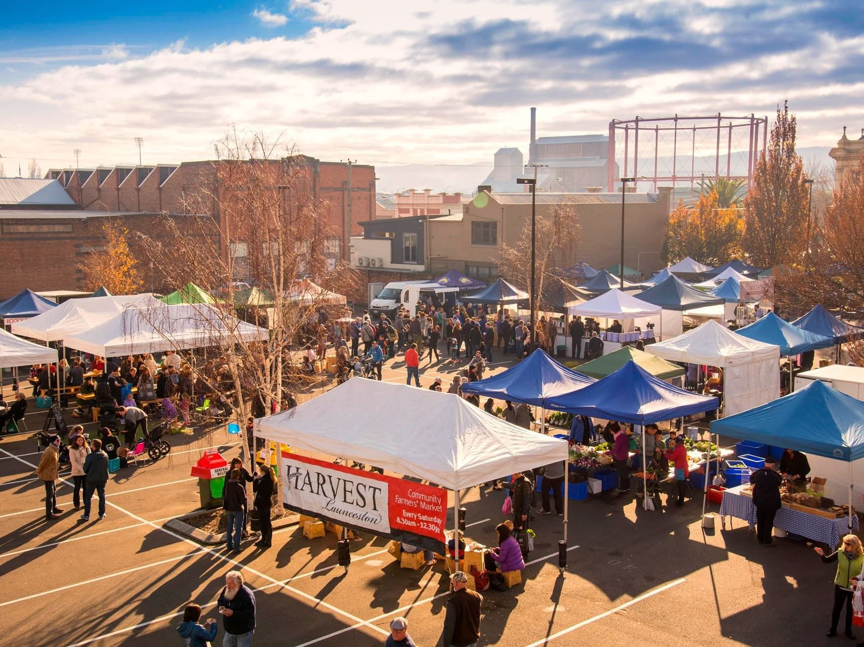 Distant view of Sunday Harvest Market on a sunny day near Grand Chancellor Launceston
