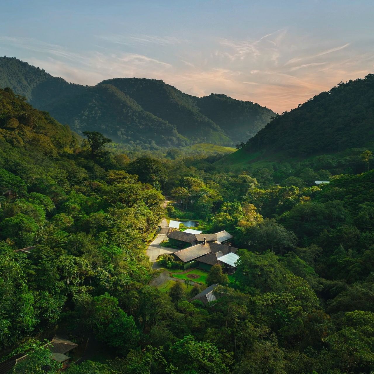 Aerial view of El Silencio Lodge and Spa surrounded by lush greenery