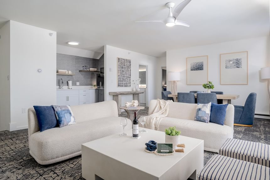 Guest room living area with sofa at Ogunquit River Inn