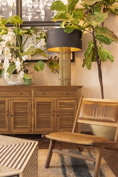 Wooden chair and cabinet with lamp, flowers, and large plant at Clinton Hotel and Spa