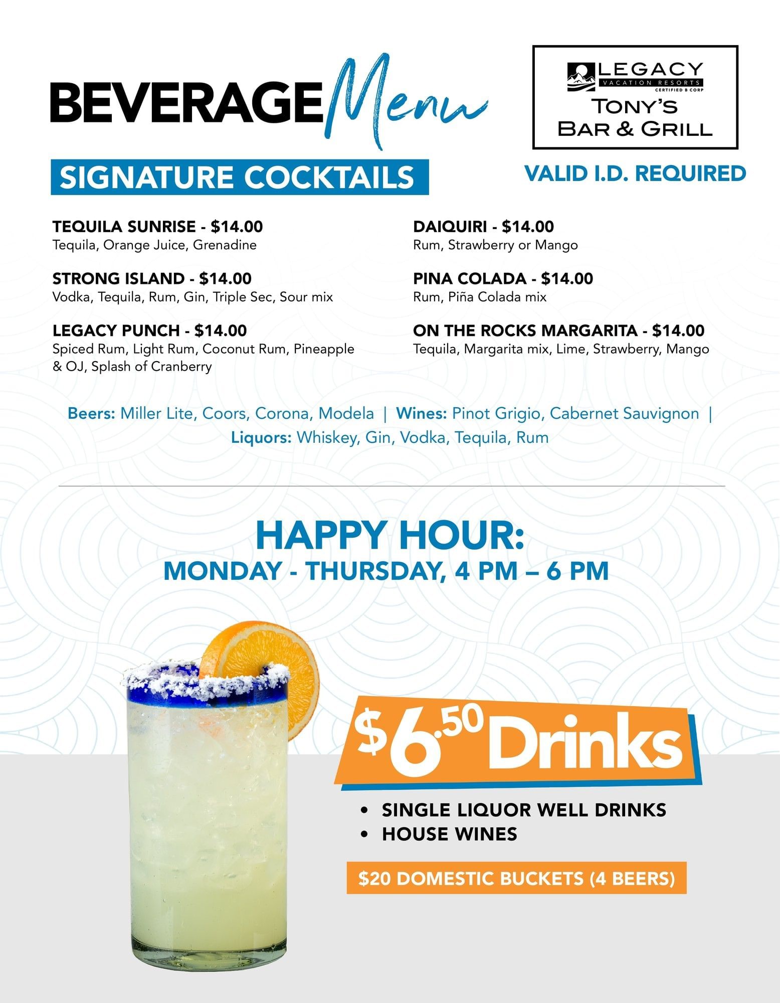 Tony\’s Bar & Grill beverage menu showing signature cocktails, happy hour specials, and margaritas at Legacy Vacation Resorts