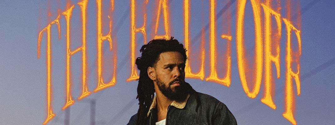 J. Cole in front of The Fall-Off Tour 2026 poster.