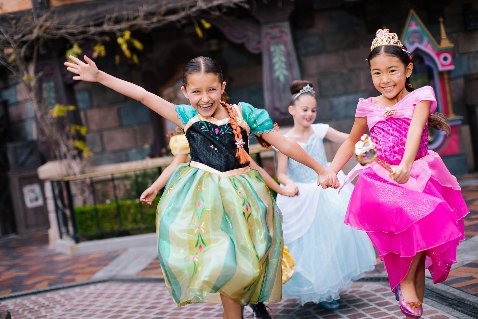 Girls dressed as princesses in Disneyland Resort near Anaheim Portofino Inn & Suites