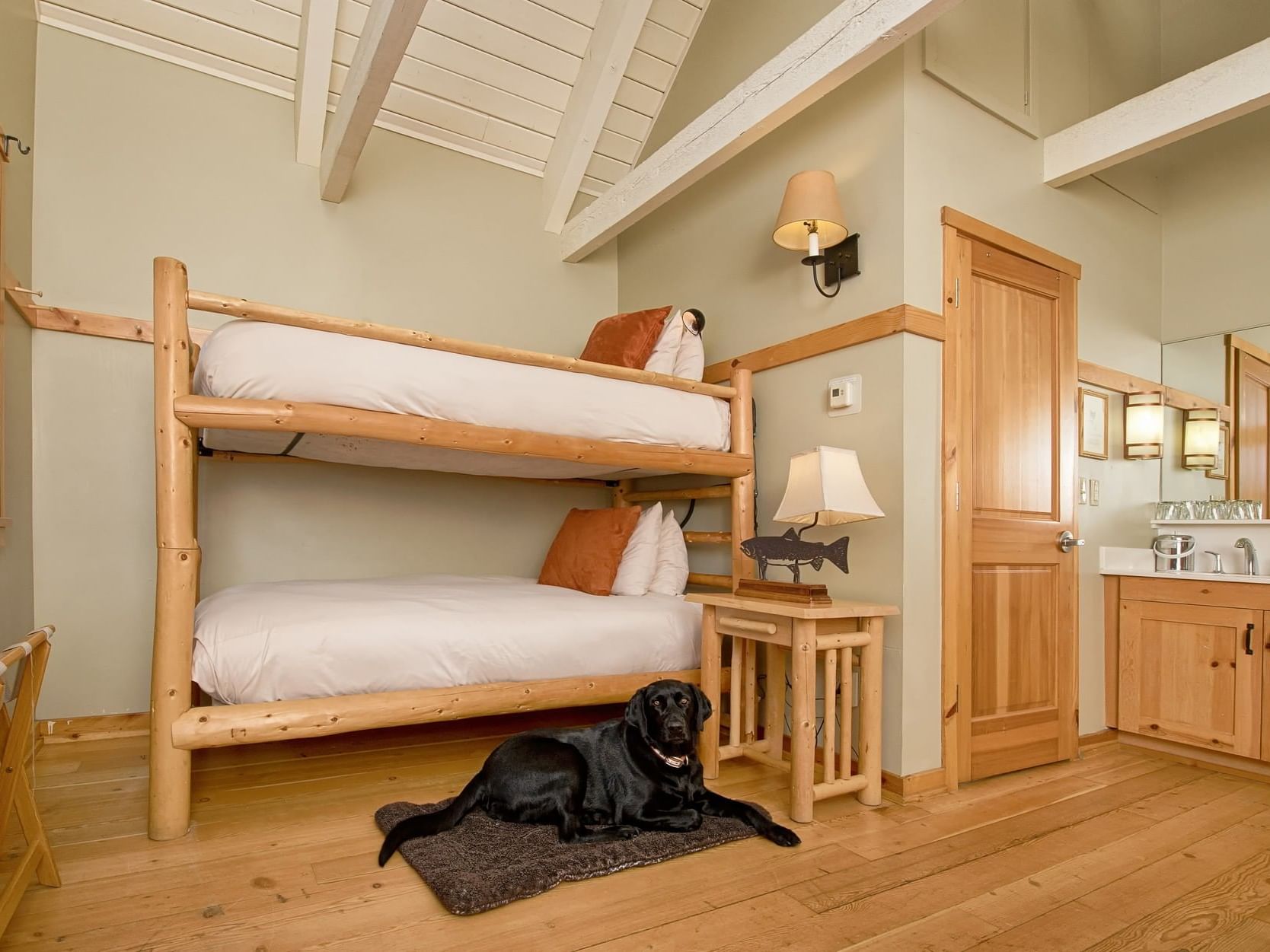 Dog in Family Room with twin beds at Sleeping Lady 