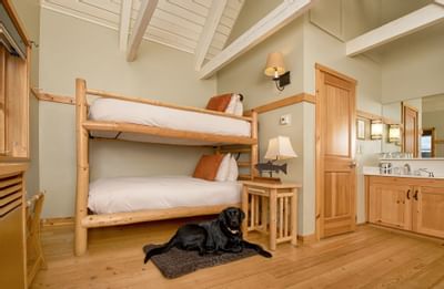 Dog in Family Room with twin beds at Sleeping Lady