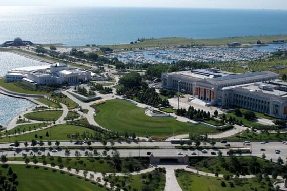 Aerial view of Chicago Museum Campus near Congress Plaza