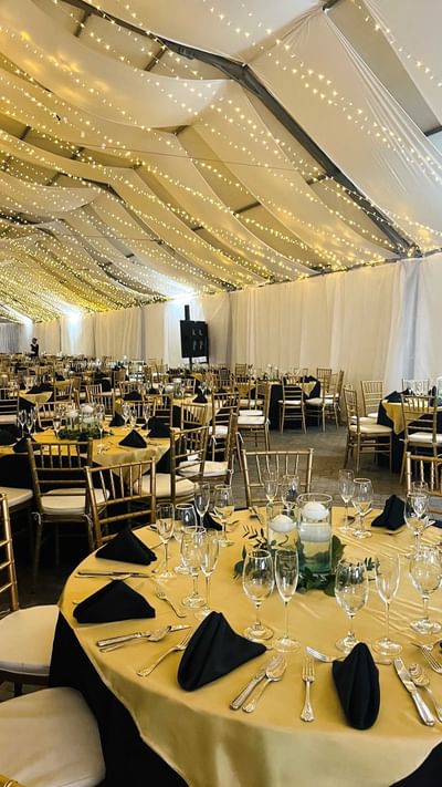 A stylish places to host events​ at Habitel Hotel Select, with tables and chairs ready for a banquet under string lights