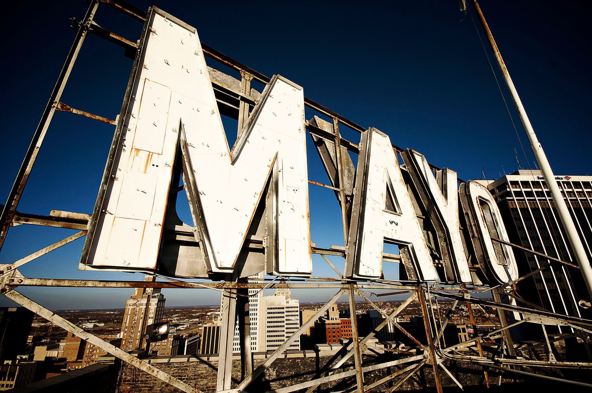 Close-up of hotel rooftop sign of MAYO at The Mayo Hotel