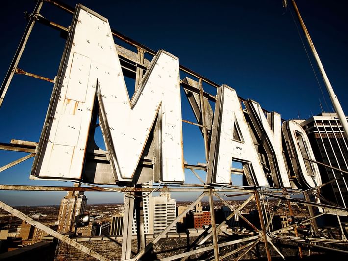 Close-up of the hotel rooftop sign of MAYO at The Mayo Hotel