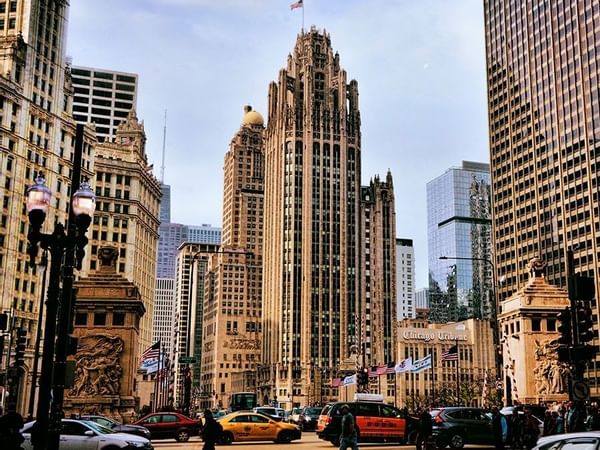 Exterior of Tribune Tower near at Godfrey Hotel Chicago