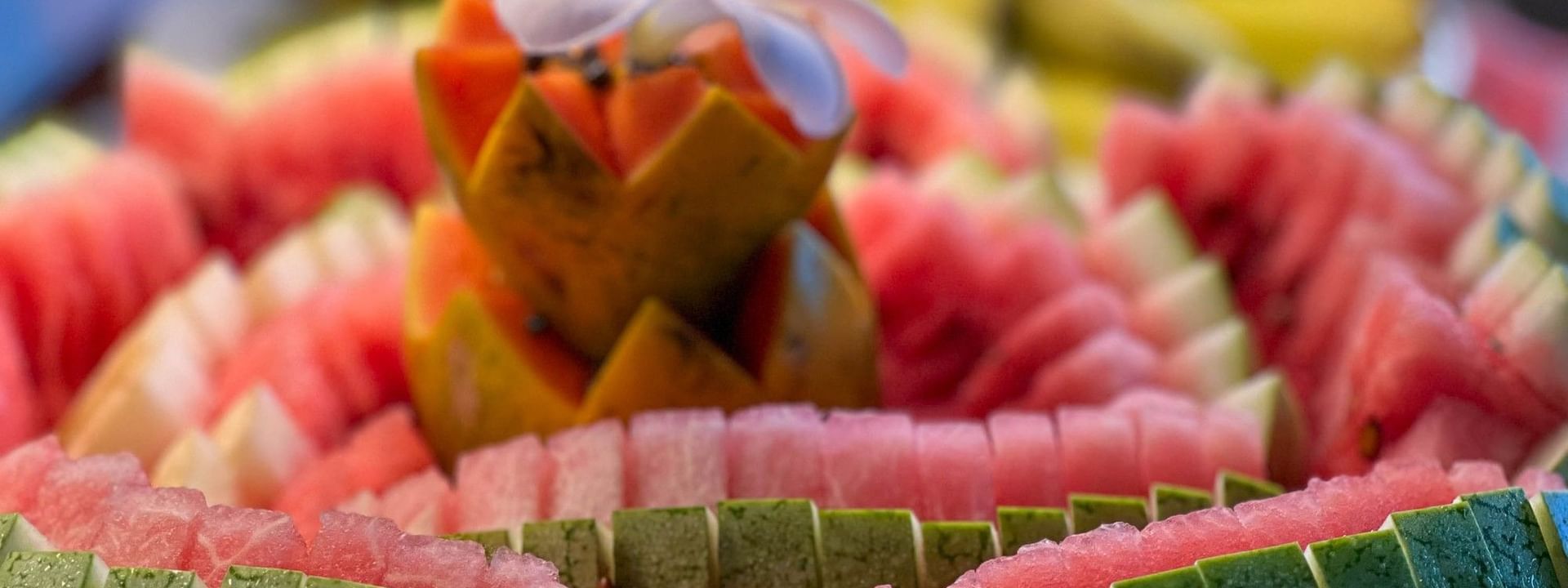 Watermelon slices arranged in a decorative pattern at Nukunuku Restaurant & Bar in Korolevu at The Naviti Resort - Fiji