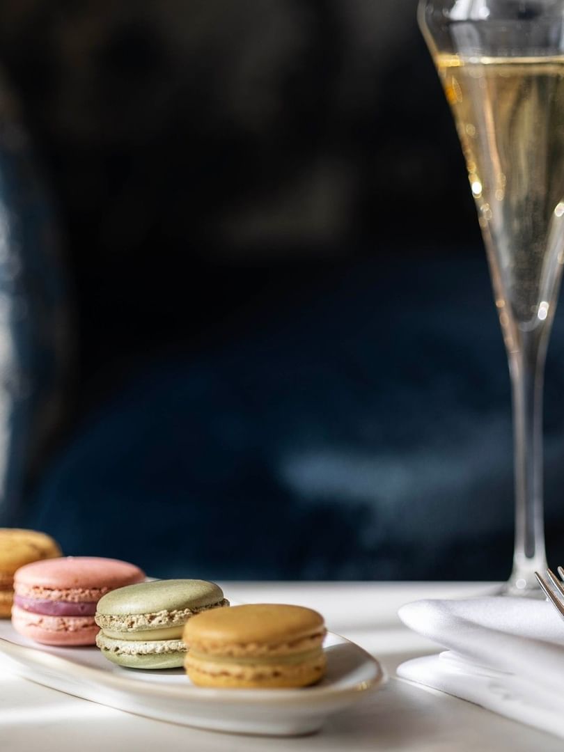 Macarons and champagne on a tray at Hôtel Westminster - Paris.