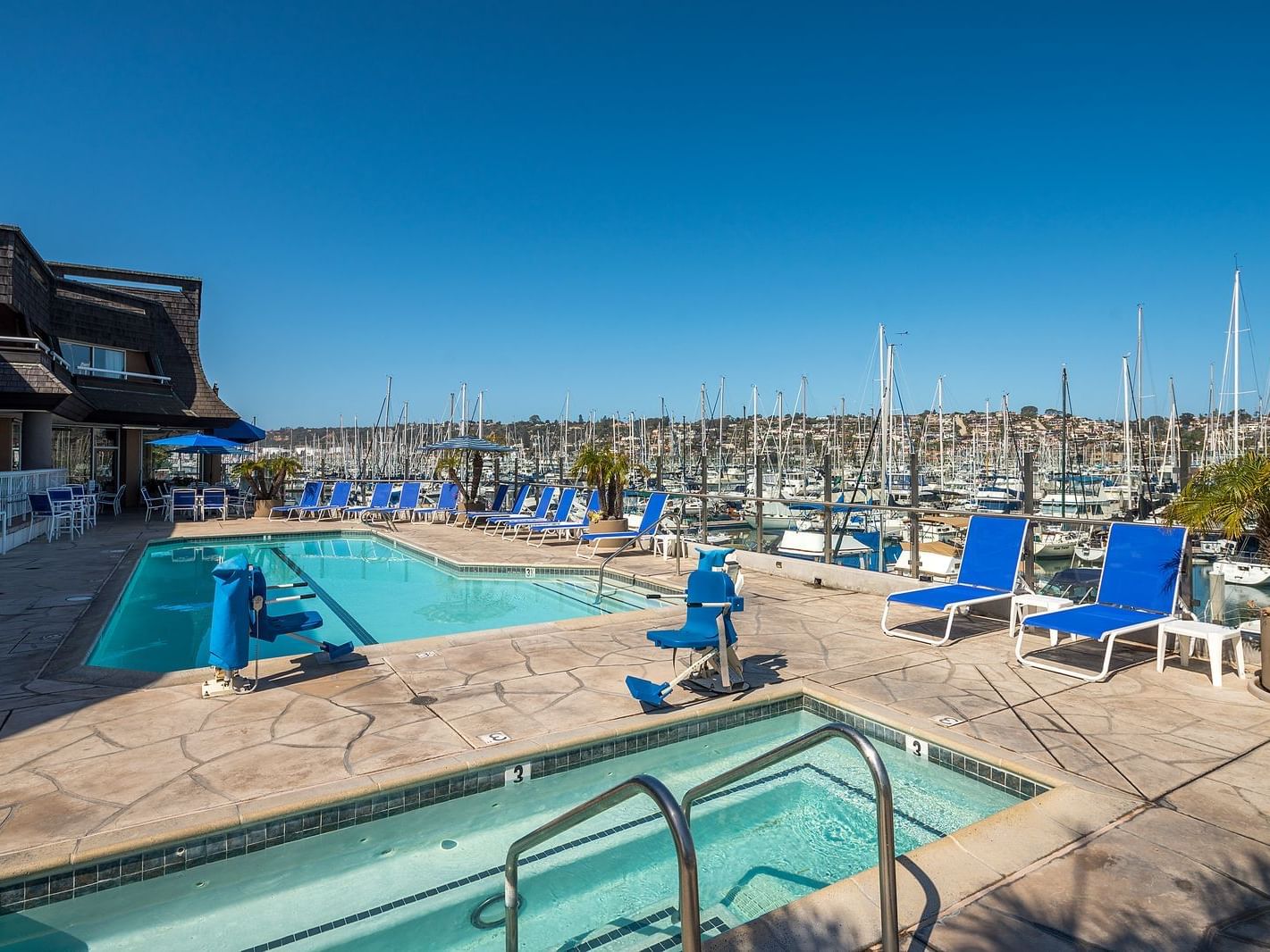 Outdoor pool & hot tub next to San Diego bay at Bay Club Hotel