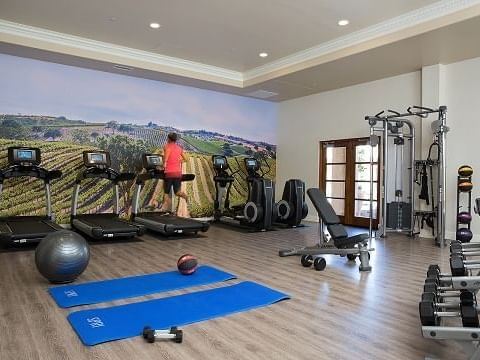 Fitness room with treadmills, medicine ball, and free weights