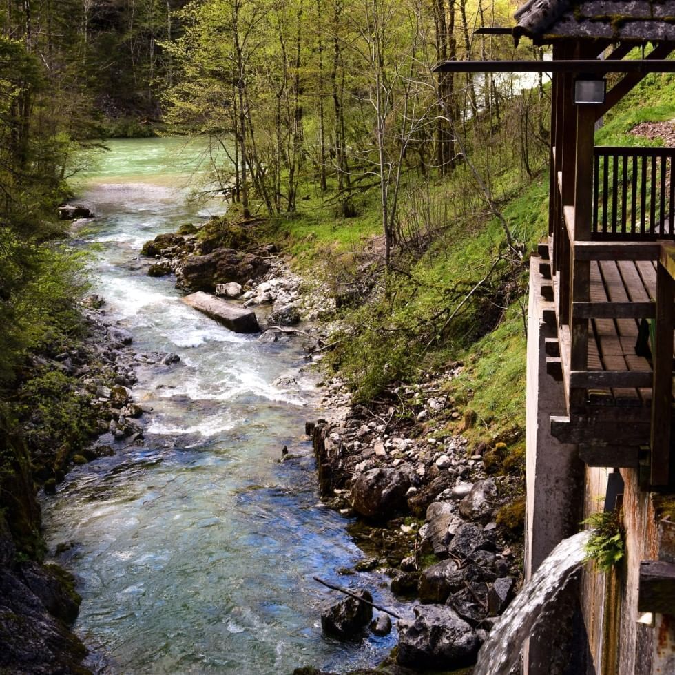 A stream flowing by a cottage near Falkensteiner Hotels