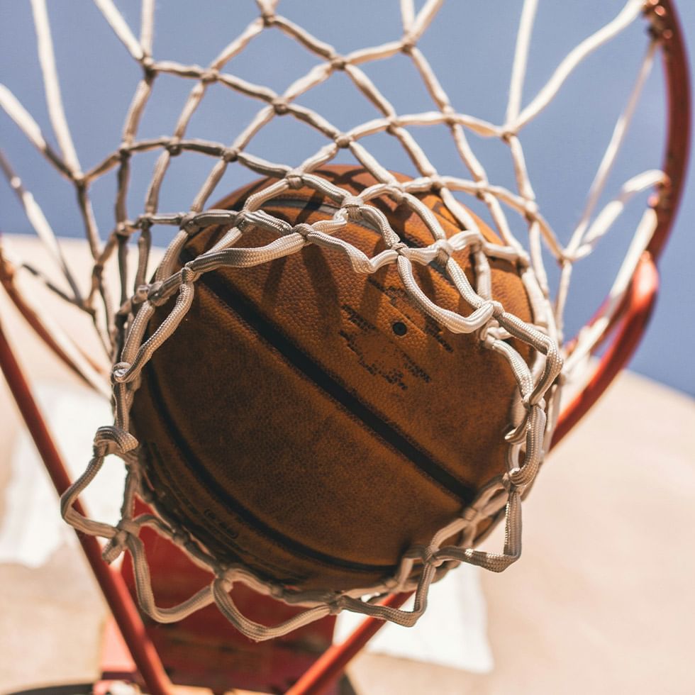 Basketball going through a net from a bottom-up view near Falkensteiner Hotel Belgrade