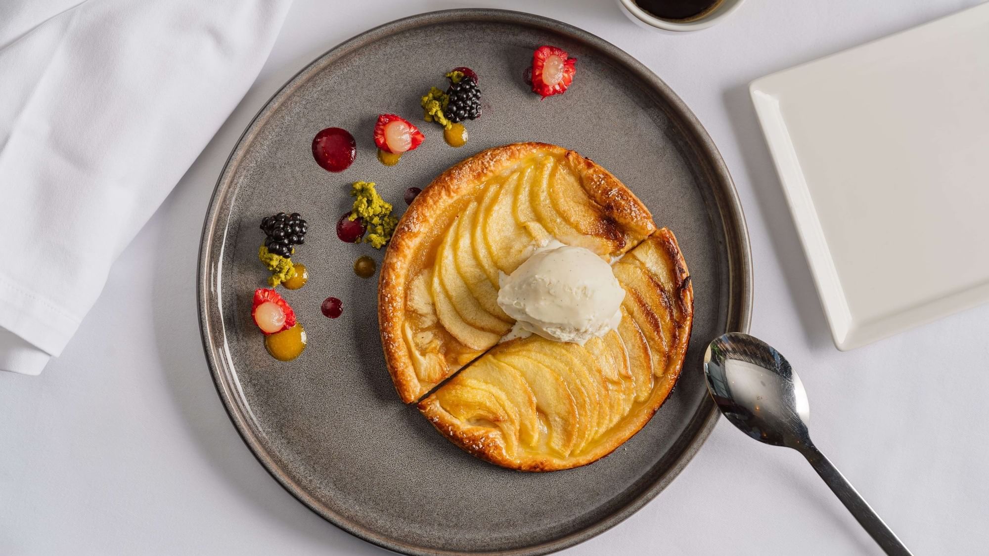 Close-up of Apple tart served in Teseo Restaurant at Warwick Geneva