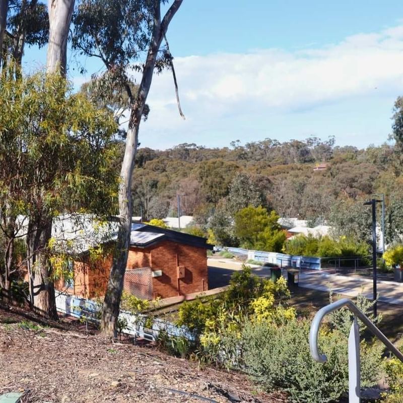Terraced houses with lush greenery and a scenic view at La Trobe University.