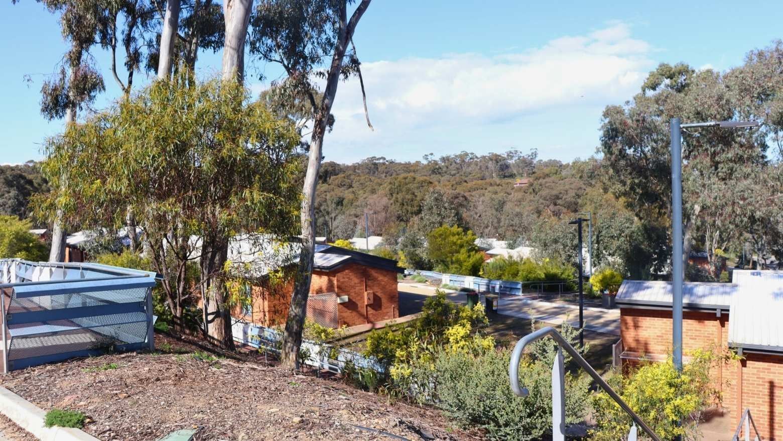 Terraced houses with lush greenery and a scenic view at La Trobe University.