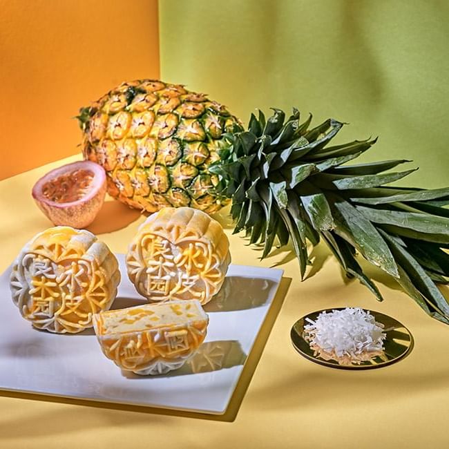 Closeup of a pineapple dessert served at Goodwood Park Hotel