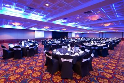 Reception hall with colorful lights at Royal on the Park hotel