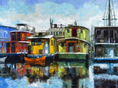 A captivating painting of colorful houseboats reflecting on the water in a suite at The Paramount Hotel Seattle