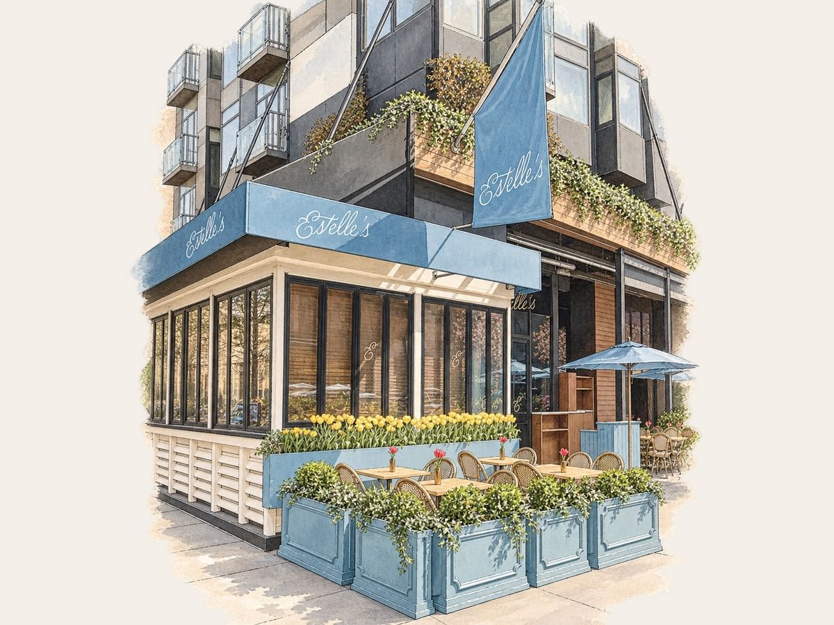Watercolor illustration of Estelle's corner restaurant with blue awnings and outdoor patio at Gansevoort Meatpacking NYC