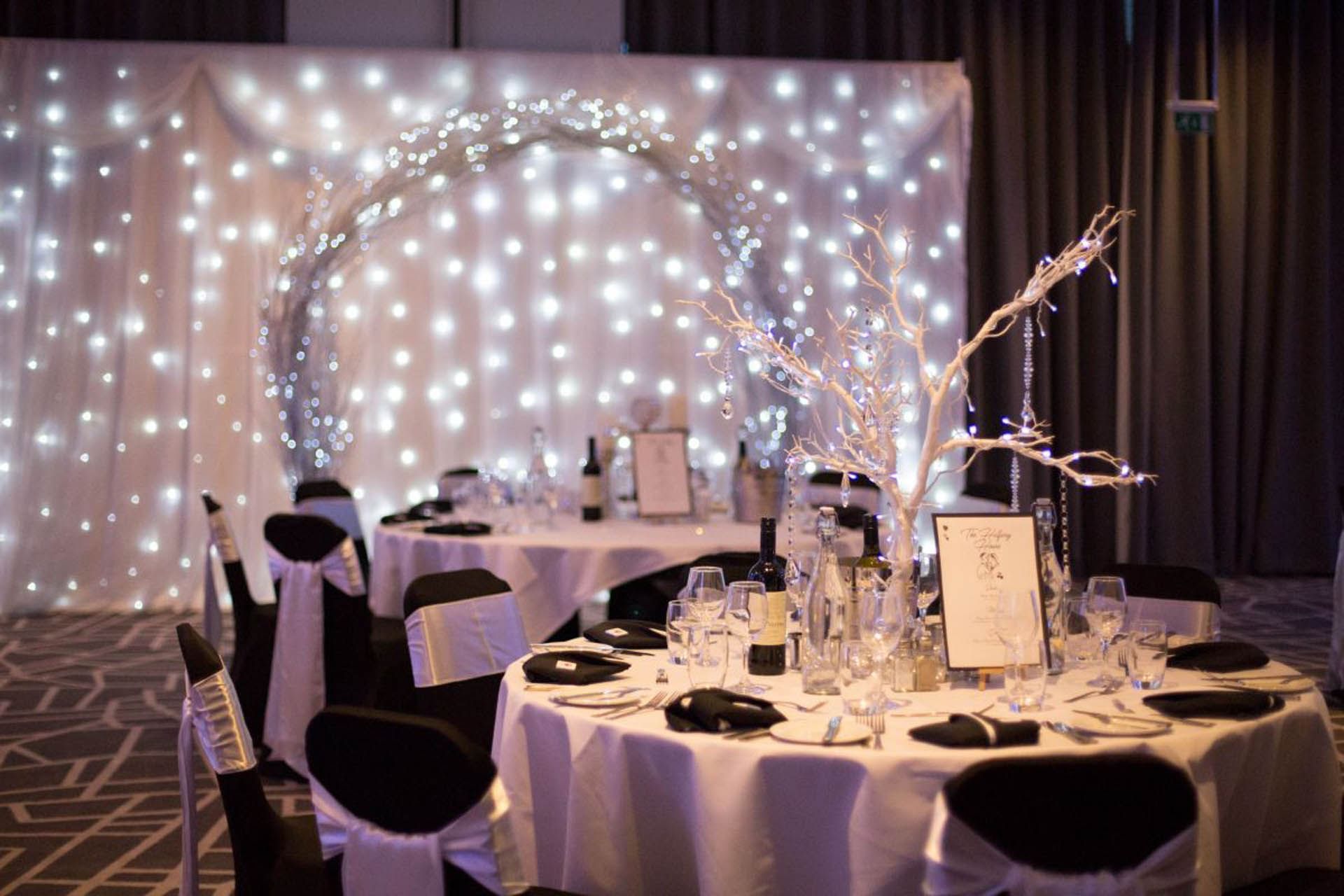 Table décor in a wedding room at Village Hotel Watford