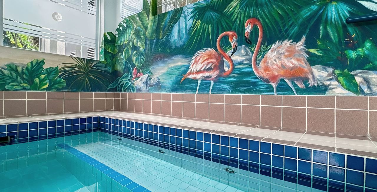 Pool with flamingo decoration on the wall