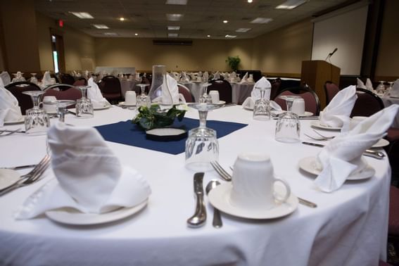 Banquet hall arranged for an event at Evergreen Resort