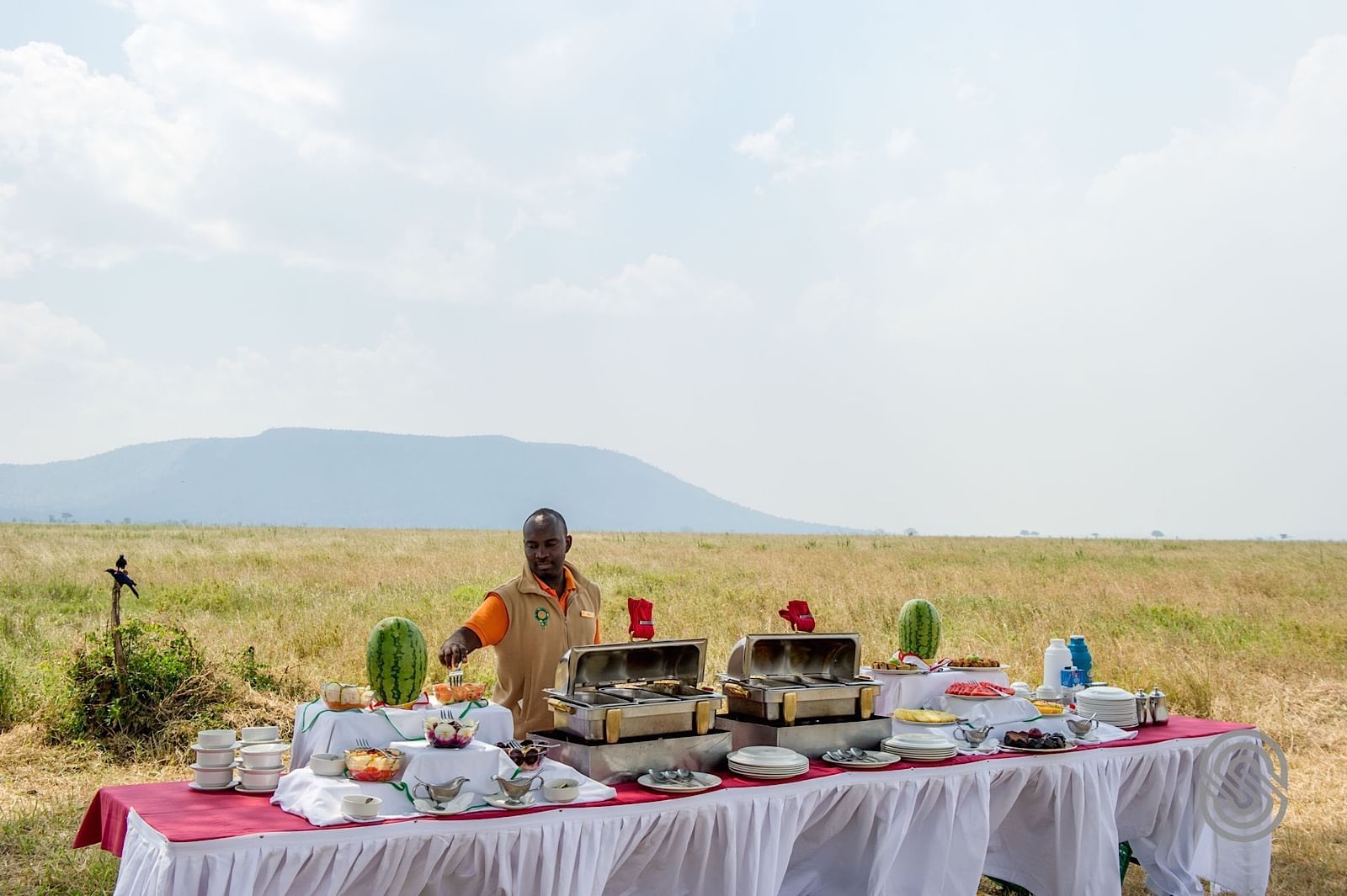 A Bush breakfast buffet setup at Serengeti Serena Safari Lodge