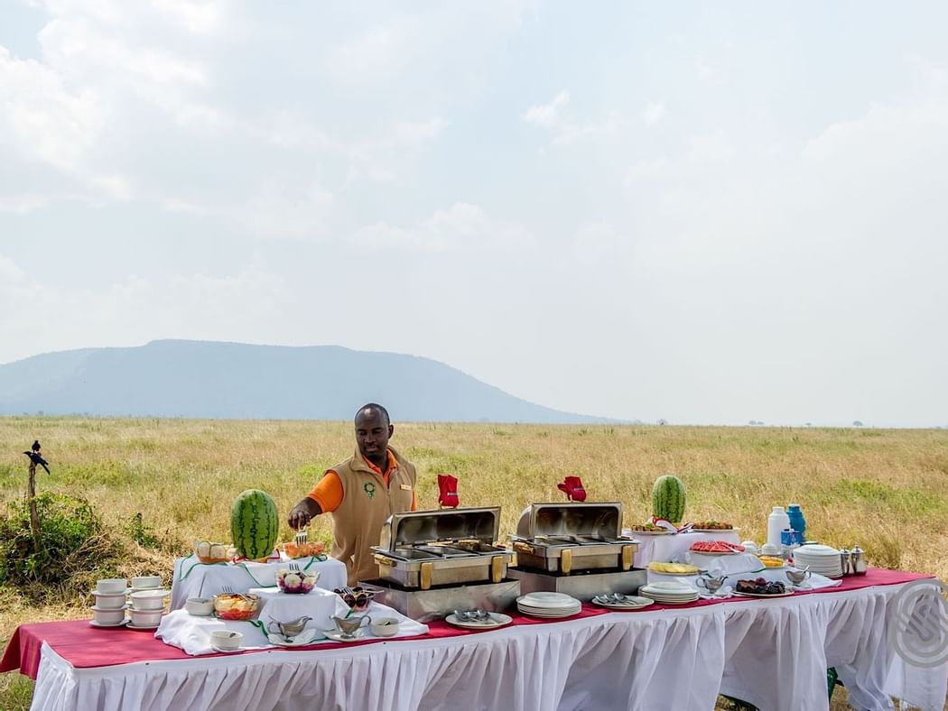 A Bush breakfast buffet setup at Serengeti Serena Safari Lodge