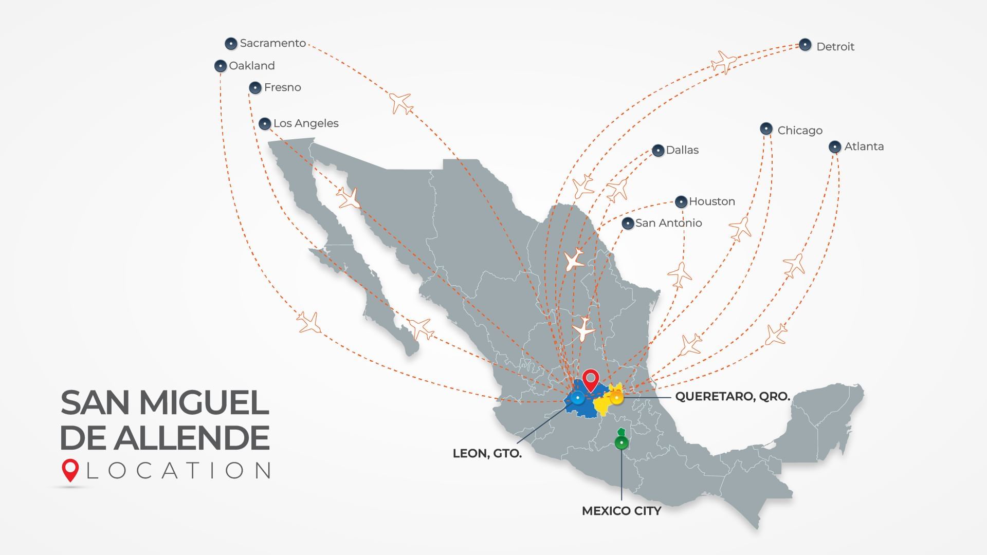 Map of airlines used at Live Aqua Urban Resort San Miguel de Allende