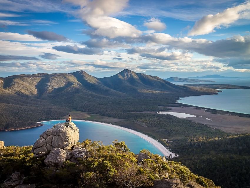 Aerial view of Freycinet National Park on a sunny day near Freycinet Lodge