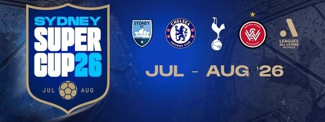 Sydney Super Cup 2026 event poster with team logos and dates July to August 2026.