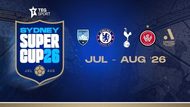 Sydney Super Cup 26 football event poster with logos and dates from July to August 2026.