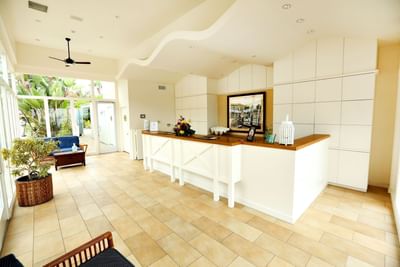 Front desk by the lobby lounge area at Pavilion Hotel in Avalon Catalina
