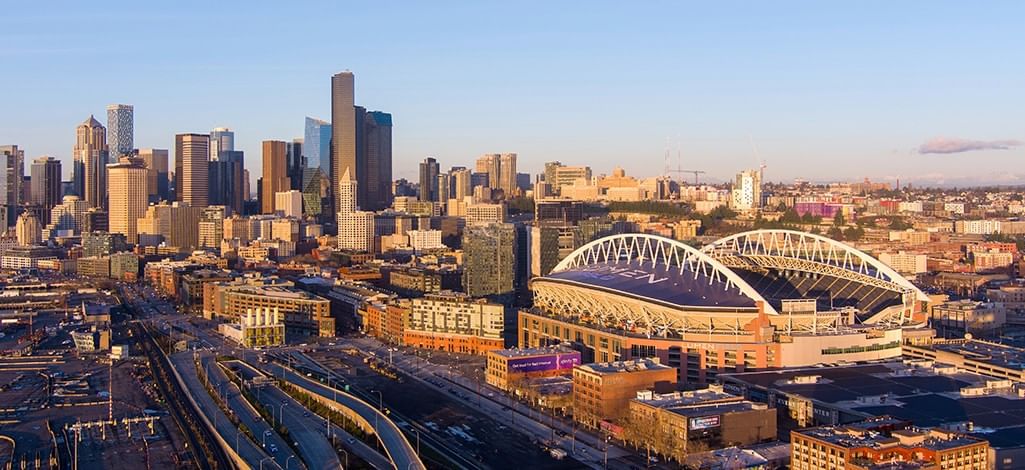 Seattle skyline with Lumen Field in the foreground