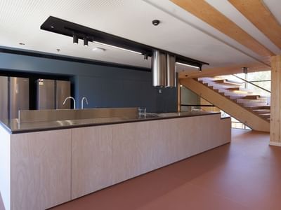 Modern kitchen with blue walls, wooden counter, stainless steel appliances, and adjacent staircase.