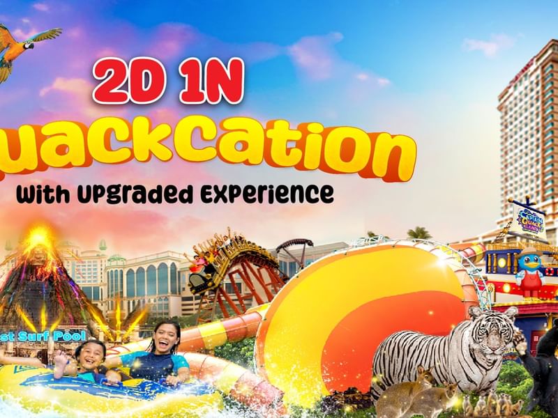Vibrant image promoting 2D1N Quackcation, showing people on water rides with a resort and tiger at Sunway Lagoon Hotel