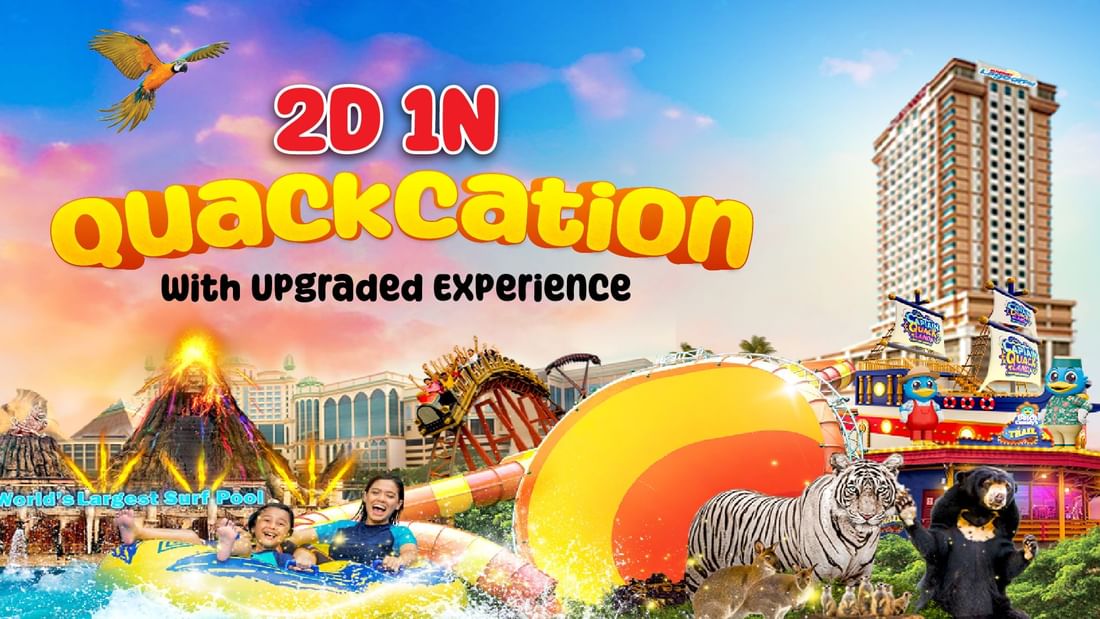 Vibrant image promoting 2D1N Quackcation, showing people on water rides with a resort and tiger at Sunway Lagoon Hotel