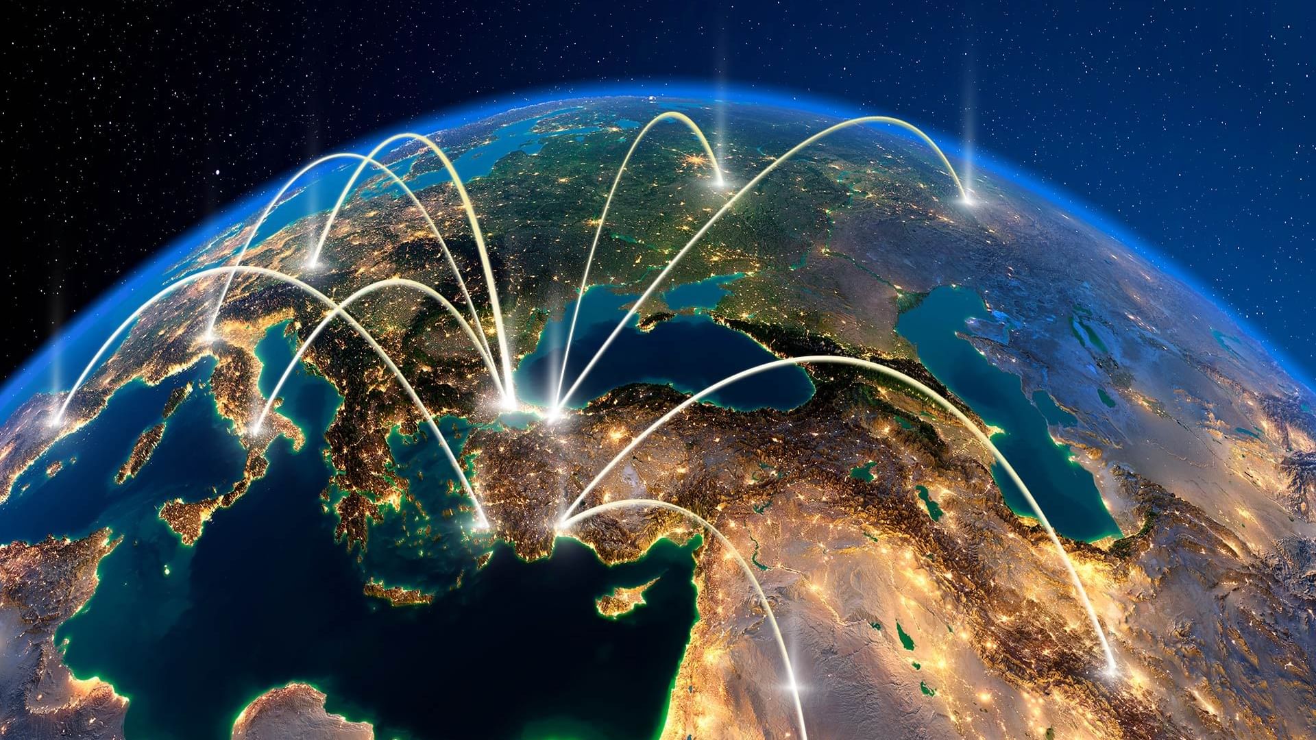 Image of Global world telecommunication network with nodes connected used at Titanic Hotels