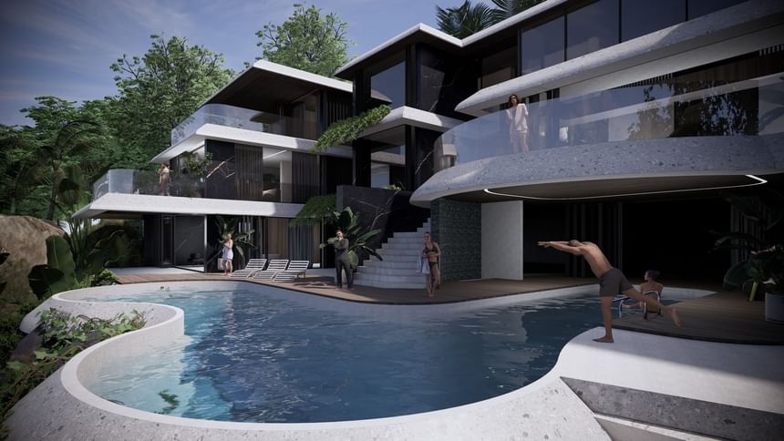 Stunning Assos Villa, featuring a private pool and a modern architectural design with a dark marble finish at A'ila Villas