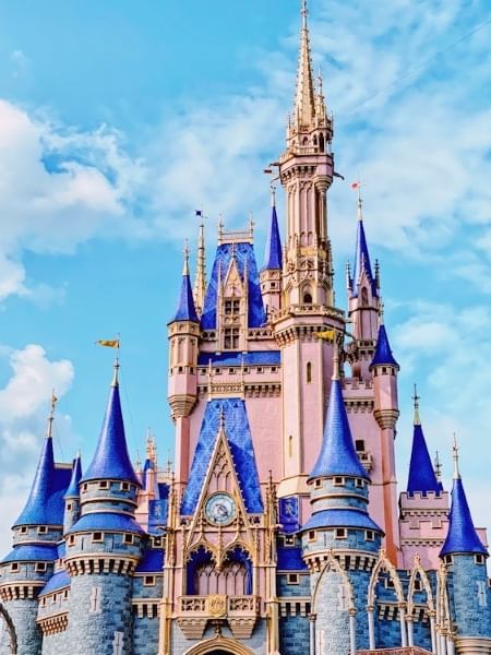 The pink and blue Cinderella Castle at Magic Kingdom, an icon of many runDisney races. 