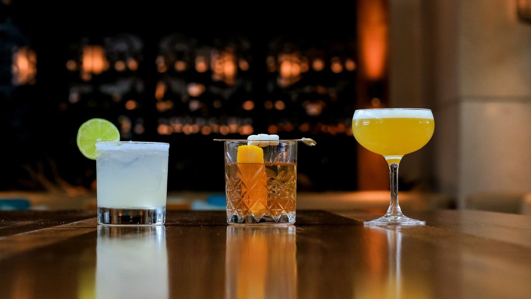 Close-up of cocktails on the bar counter in The Hotel Bar at The Diplomat Resort