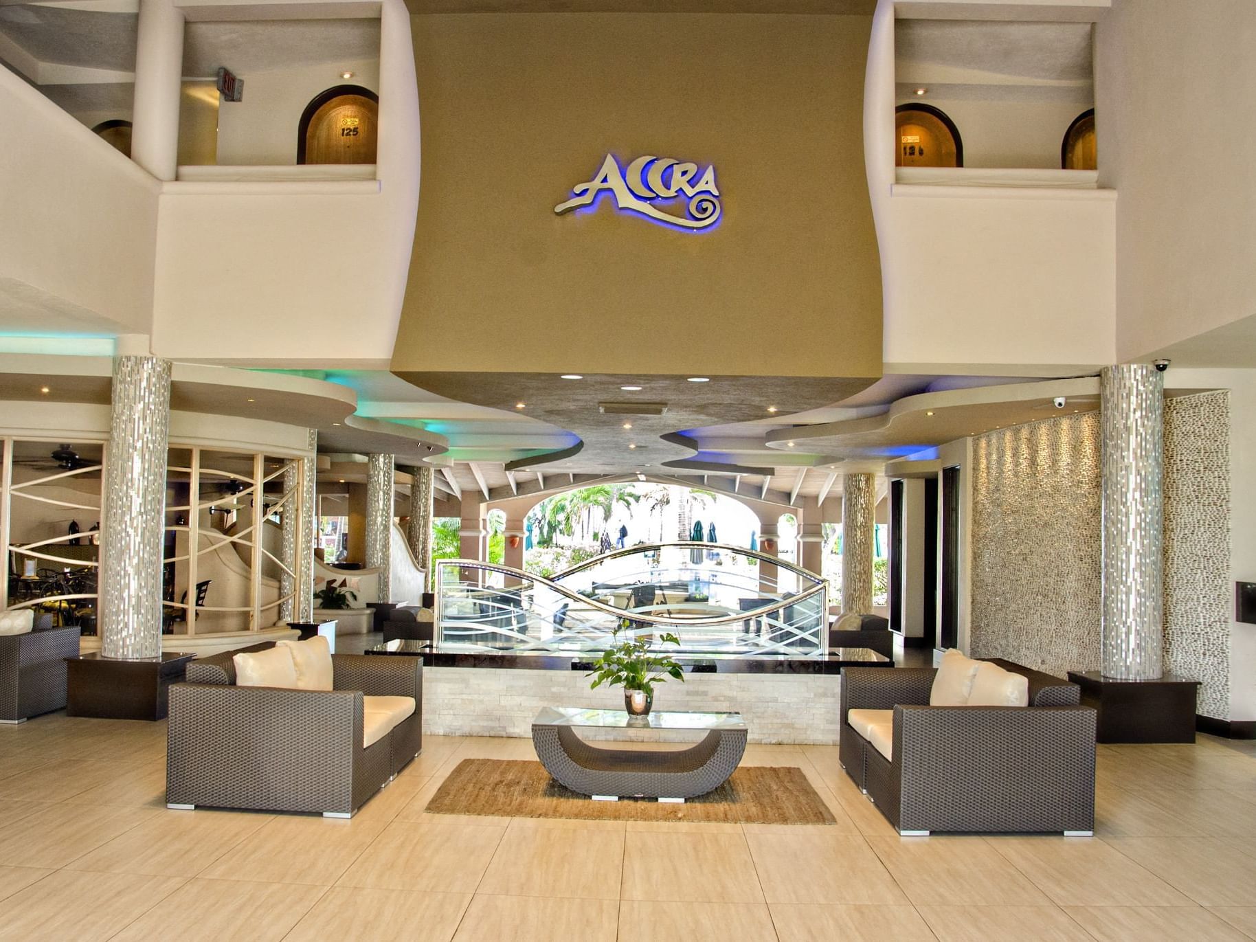 Interior view of the lobby lounge area by the entrance at Accra Beach Hotel & Spa