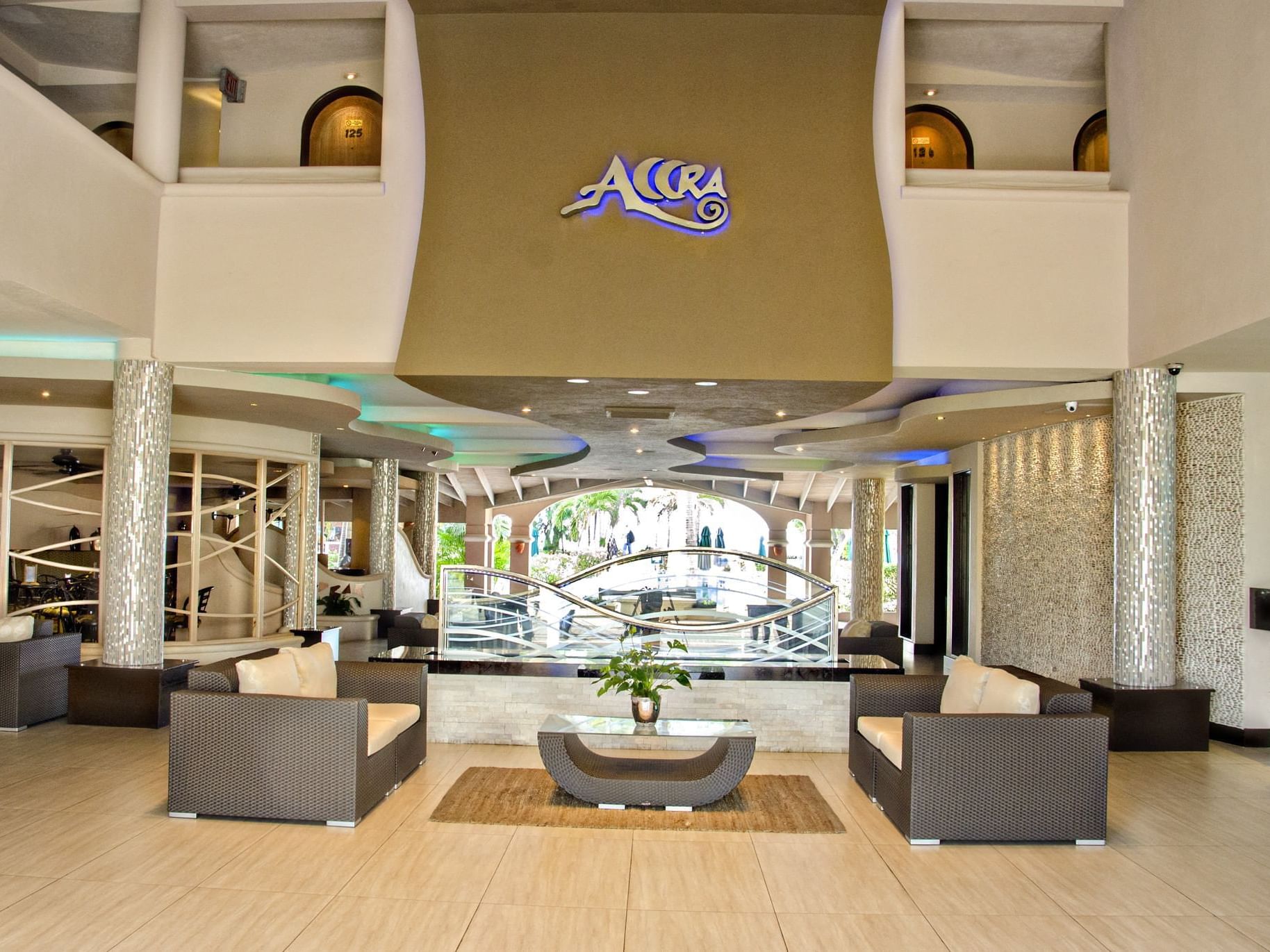 Interior of the grand lobby with lounges at Accra Hotels