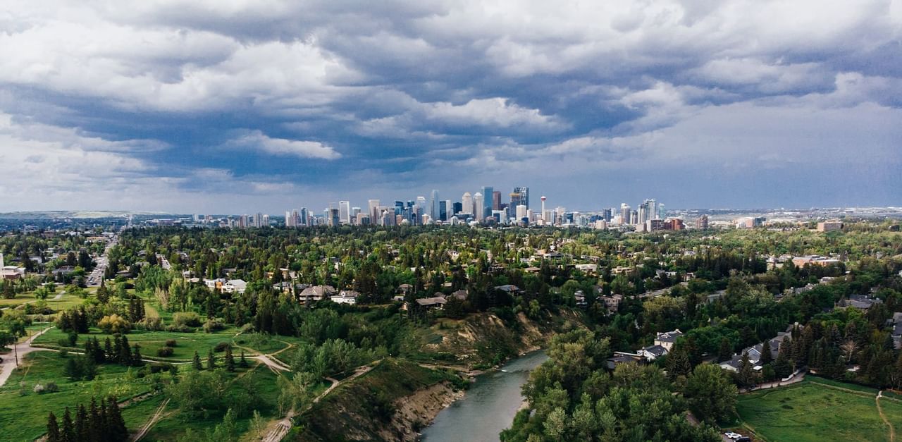 Wide angle view of city near Calgary Downtown Hotel